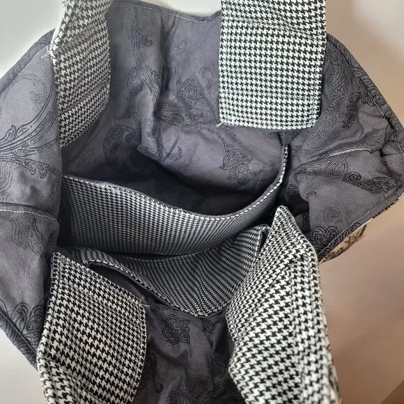 Handmade Black & White Toile & Houndstooth Tote Bag With Ruffled Detail & Gold T - Picture 13 of 15